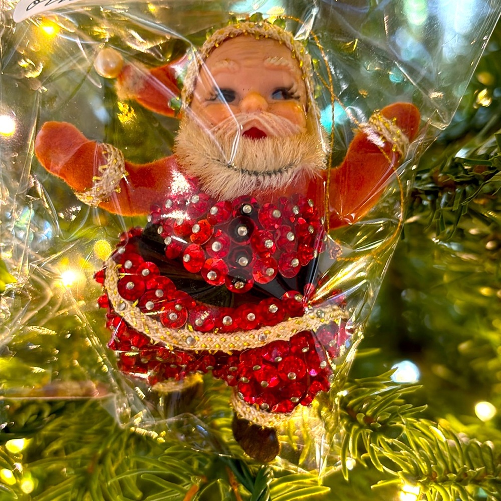 Vintage Sequined Santa Ornament Mid Century